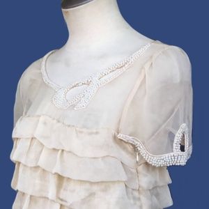 M.M. COUTURE Ruffled Blouse Cascading Embellished Pearls Lined Beige S